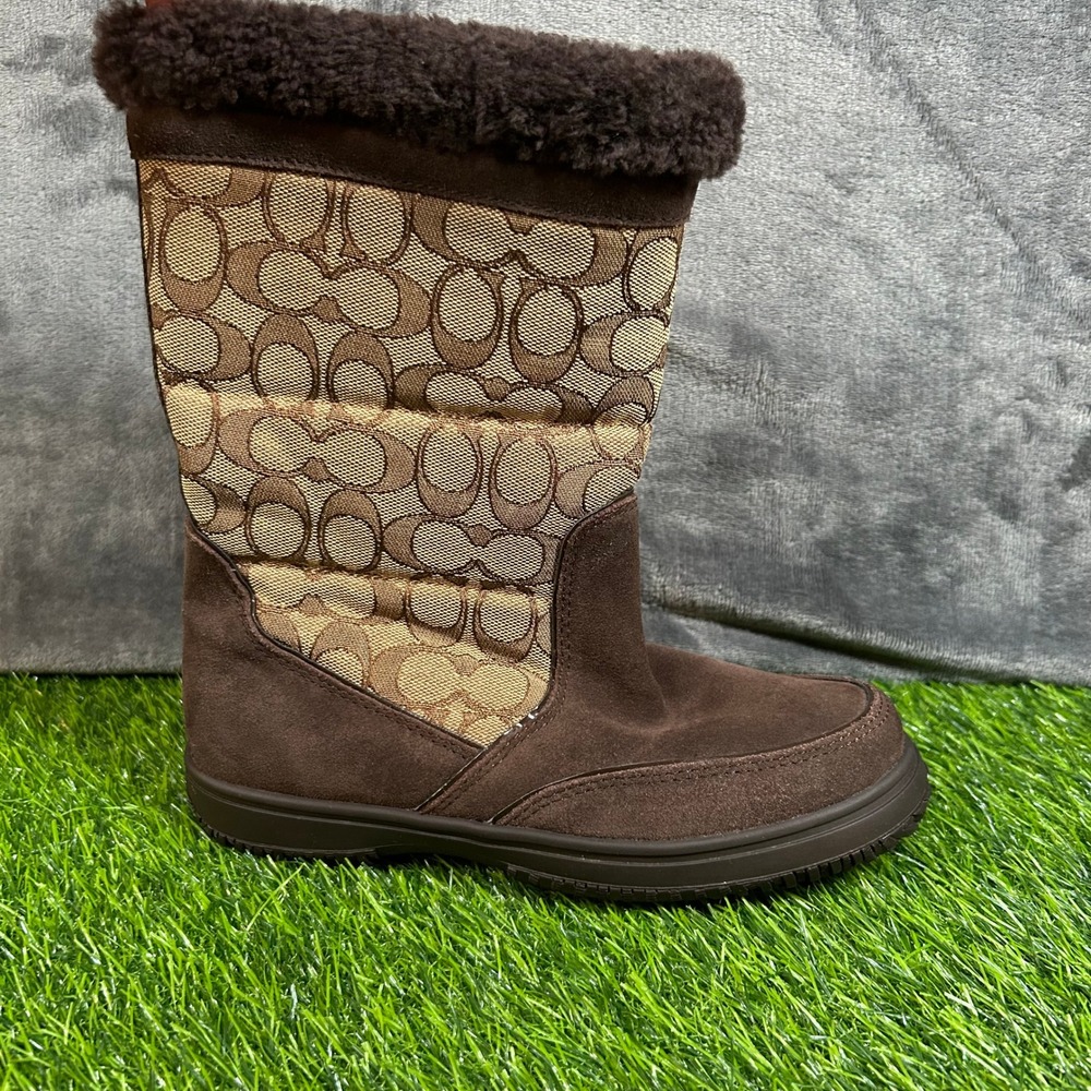 COACH Sherman Signature Brown Suede Fur Mid Calf Winter Boots Women's 5.5 B